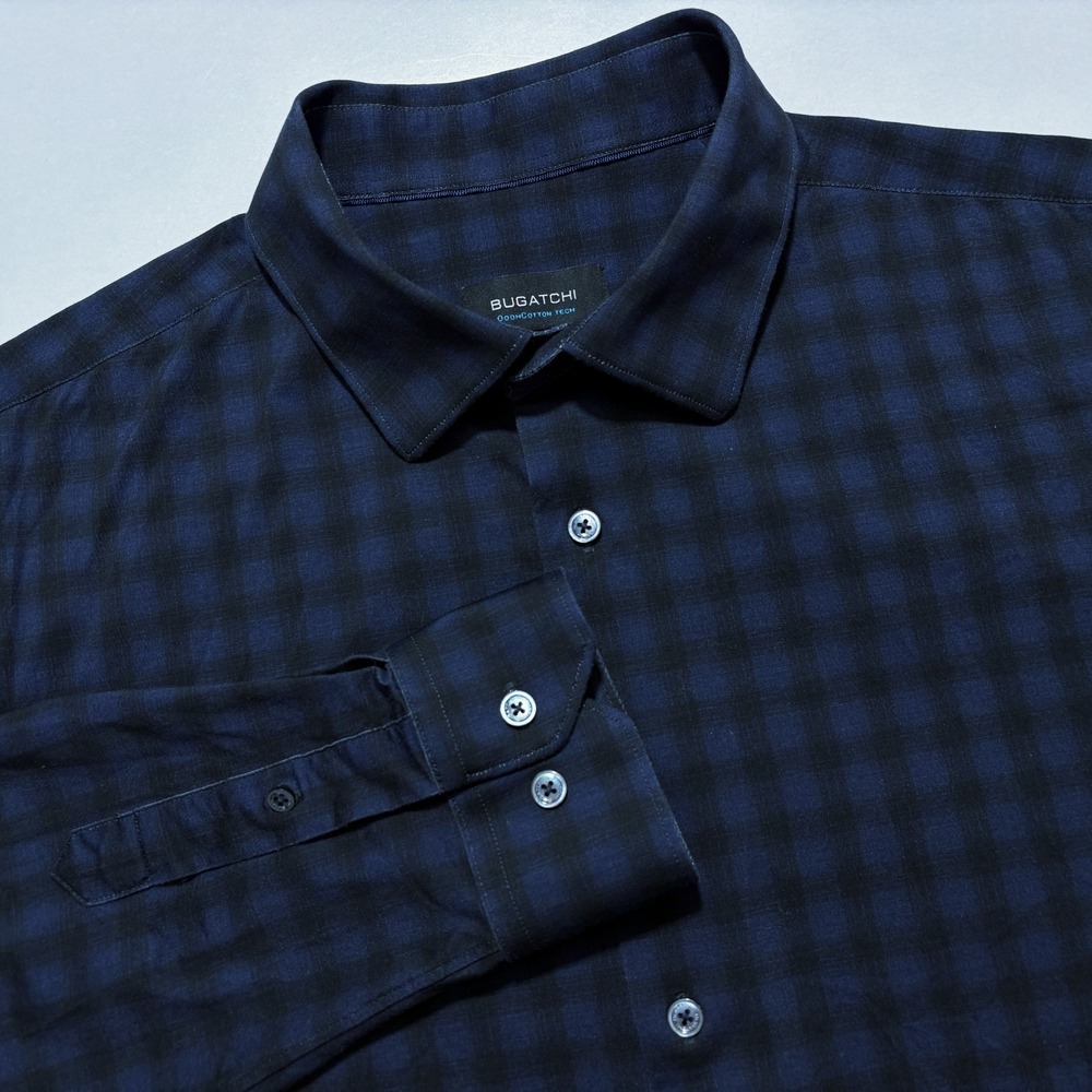 Bugatchi Shirt OoohCotton Tech 8 Way Stretch Button Up Blue Gingham Check Men XL